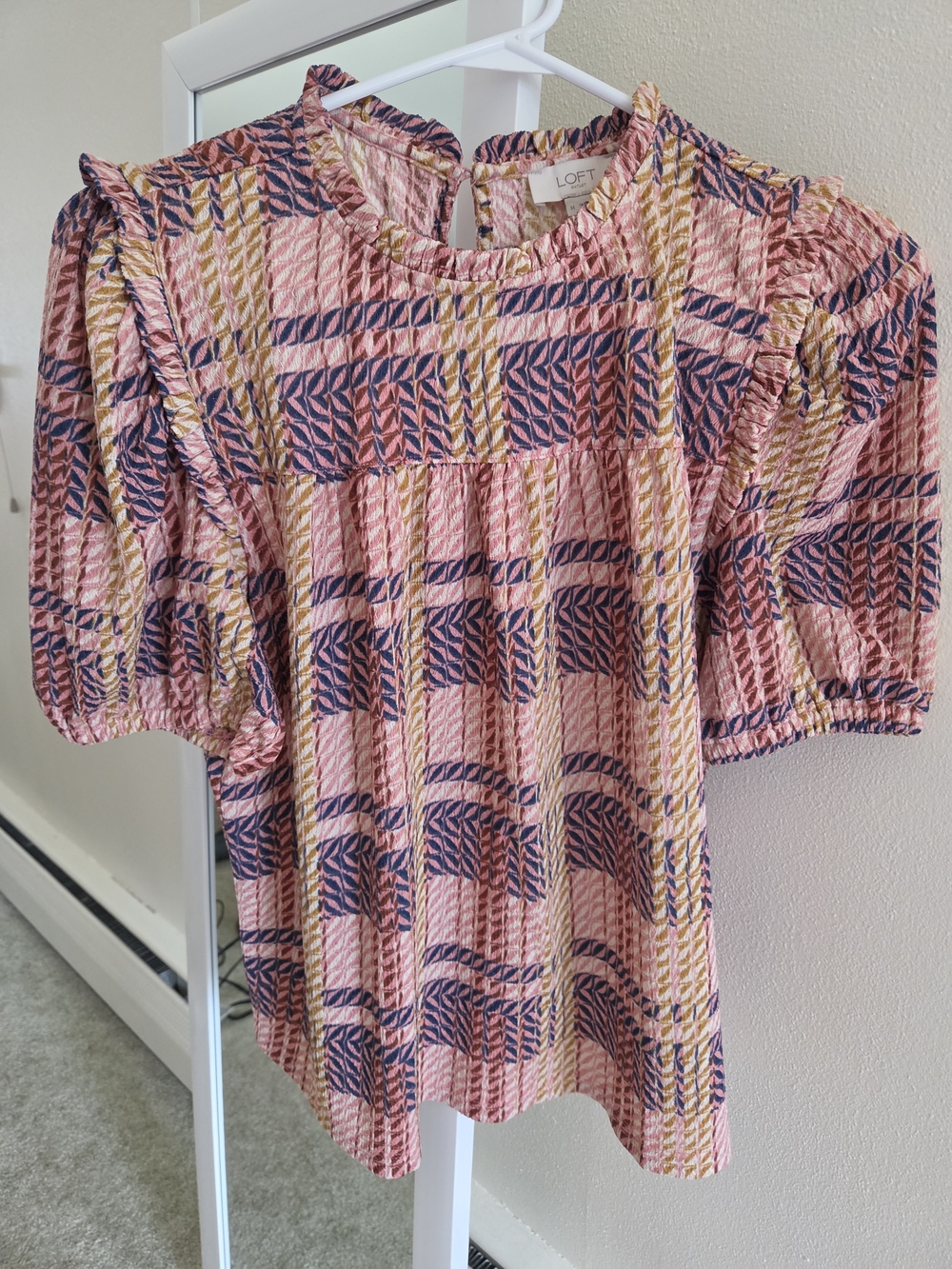LOFT Pink Plaid Puff-Sleeve Ruffle Neck Top